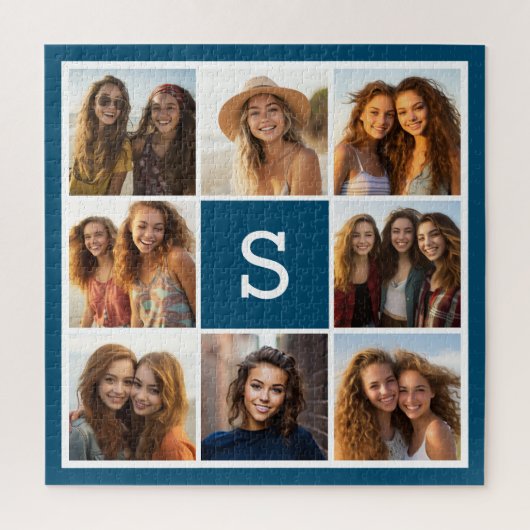 Fotocollage Op Maat Monogram Navyblauw Legpuzzel (Verticaal)