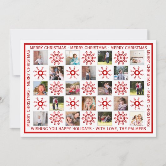 Fotocollage, rode sneeuwvlokken en kerstwensen feestdagenkaart (Voorkant)