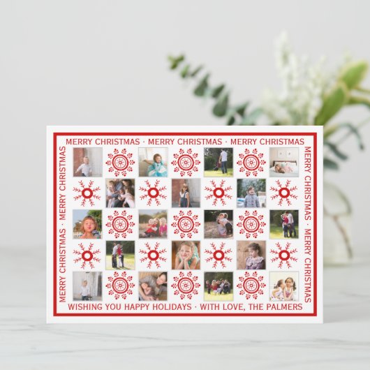Fotocollage, rode sneeuwvlokken en kerstwensen feestdagenkaart (Staand voorkant)