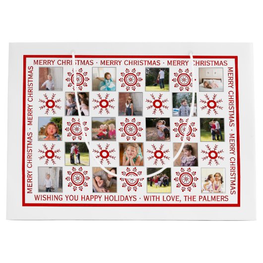 Fotocollage, rode sneeuwvlokken en kerstwensen groot cadeauzakje (Voorkant)