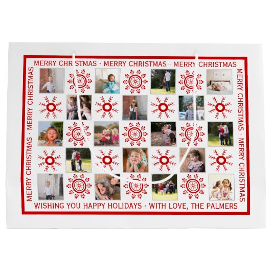 Fotocollage, rode sneeuwvlokken en kerstwensen groot cadeauzakje (Achterkant)