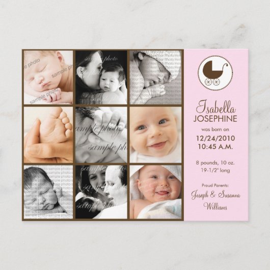 Fotocollage Roze Baby Geboorteaankondiging Aankondigingskaart (Voorkant)