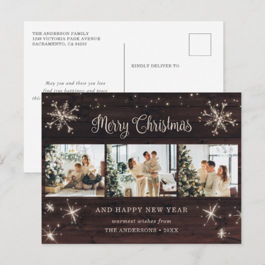 Fotocollage Rustic Wood Snowflake Feestdagenkaart (Voorkant / Achterkant)