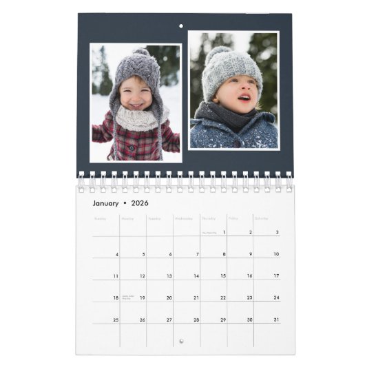 Fotocollage rustige navy blue monogram familie kalender (Jan 2026)