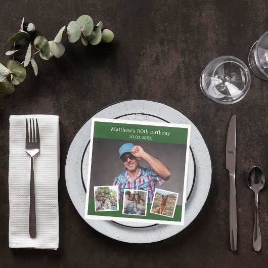 Fotocollage smaragdgroene verjaardagsfeestje servet