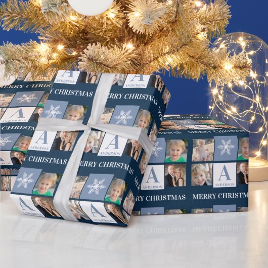 Fotocollage Snowflake Blue Monogram Kerstmis Cadeaupapier (Feestdagen)