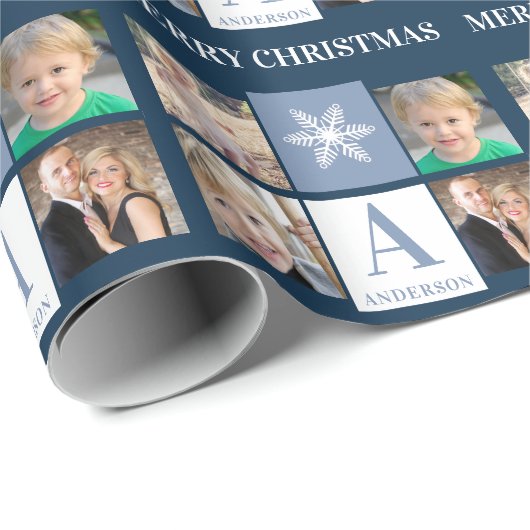 Fotocollage Snowflake Blue Monogram Kerstmis Cadeaupapier (Rol Hoek)