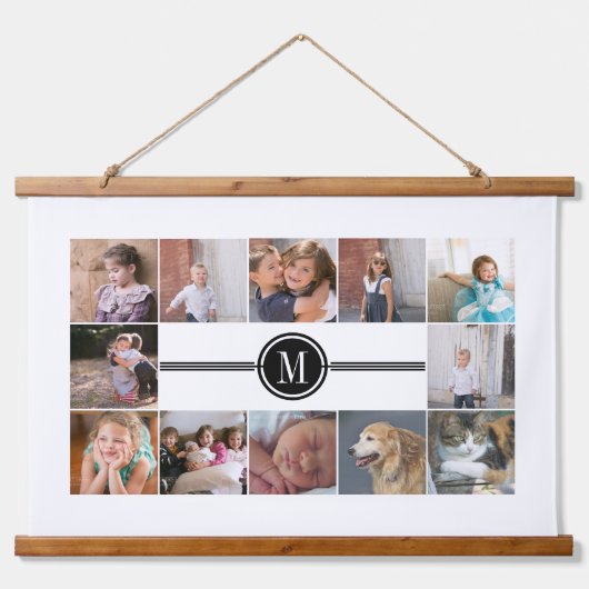 Fotocollage van 12 foto's en monogram hangend wandkleed (Voorkant)