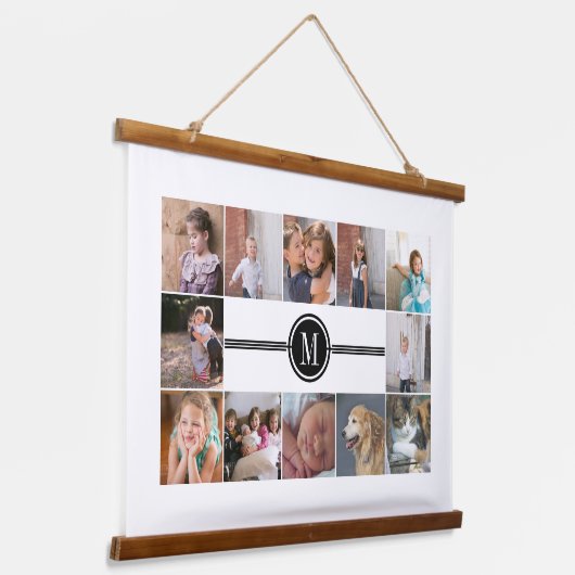Fotocollage van 12 foto's en monogram hangend wandkleed (Gebogen)