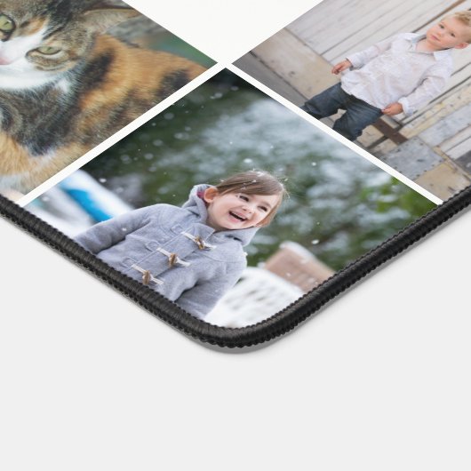 Fotocollage van 14 foto's en zwart monogram bureaumat (Hoek)