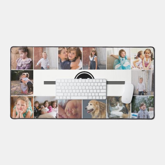 Fotocollage van 14 foto's en zwart monogram bureaumat (Keyboard & Muis)