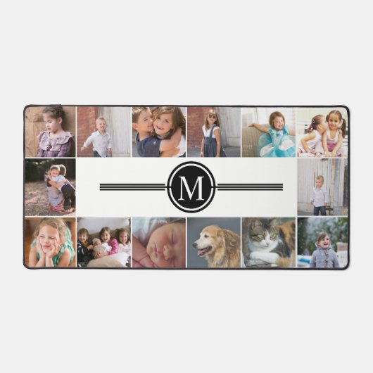 Fotocollage van 14 foto's en zwart monogram bureaumat (Voorkant)