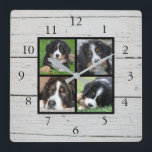 Fotocollage van bijtende schuur vierkante klok<br><div class="desc">Aangepast fotocollage op bijtende schuur,  klok. Voeg uw eigen persoonlijke foto's toe om de klok te personaliseren. Moet niet slechts vierkante foto's toevoegen andere grootte zal het grootste deel van de tijd ook passen. Als je hulp nodig hebt,  kun je contact met me opnemen.</div>