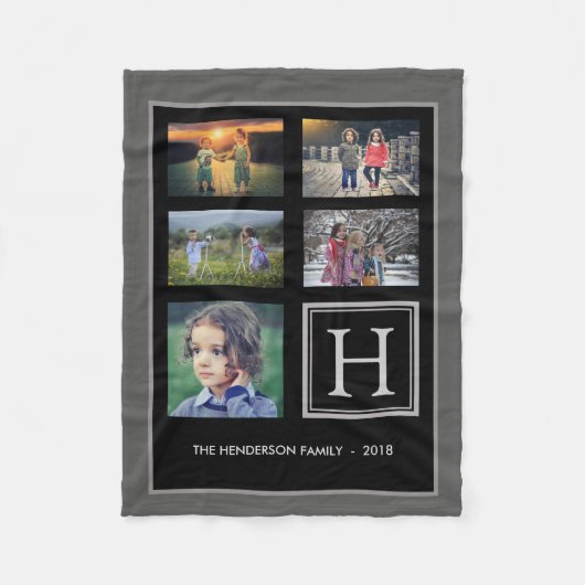 Fotocollage van gezinsmonogram donkergrijs fleece deken (Voorkant)