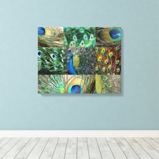 Fotocollage van Green Blue Peacock Canvas Afdruk (Insitu (Houten vloer))