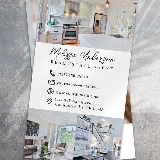 Fotocollage van makelaar in onroerend goed visitekaartje