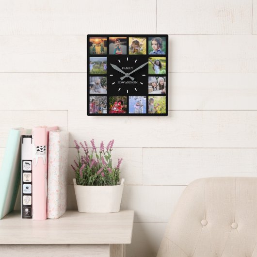 Fotocollage van moderne zwarte familie, naam vierkante klok (Leeskamer)