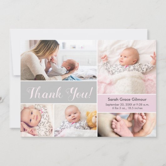 Fotocollage van Soft Pink Grey Custom Bedankkaart (Voorkant)