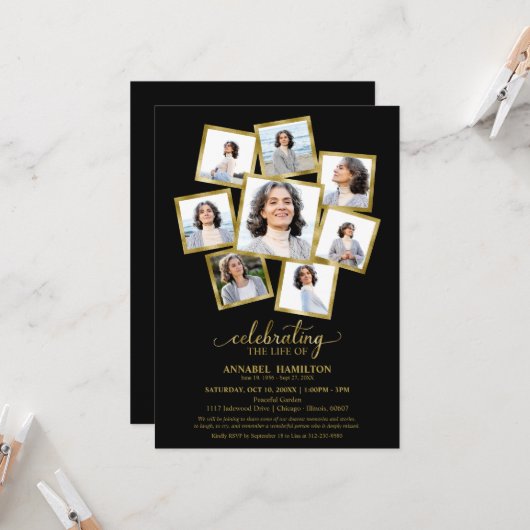 Fotocollage Viering van het leven begrafenis zwart Kaart (Voorkant / Achterkant in situ)
