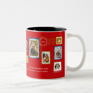 Fotocollage Vintage Stempels Rood Kerst Oma Tweekleurige Koffiemok