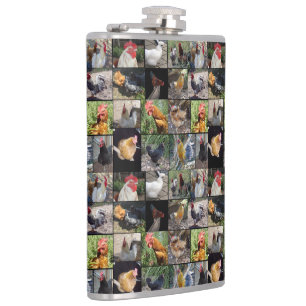 Fotocollage voor kippen en roosters; heupfles