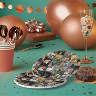 Fotocollage voor kippen en roosters; papieren bordje