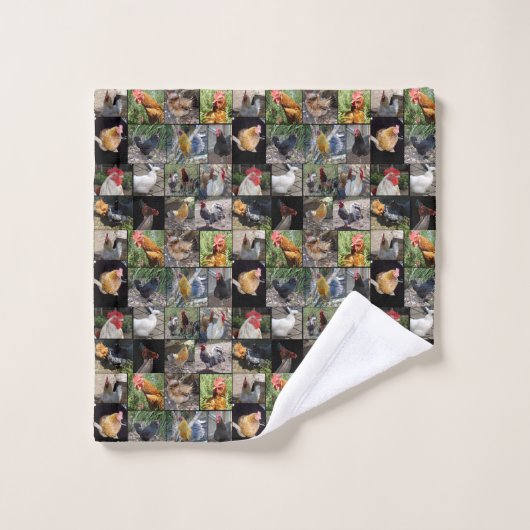 Fotocollage voor kippen en roosters; washandje (Wasdoekje)