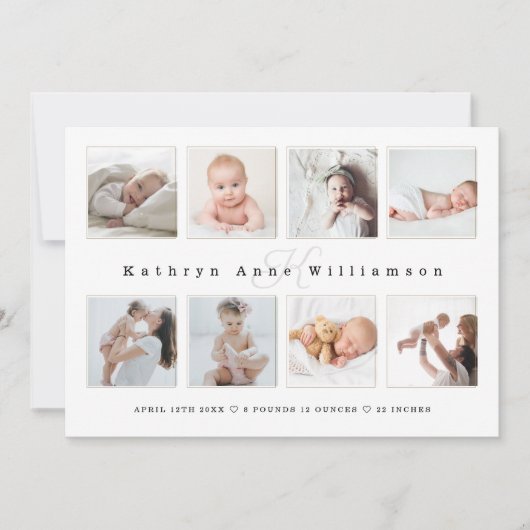 Fotocollage voor pasgeboren Baby en monogram geboo Aankondiging (Voorkant)