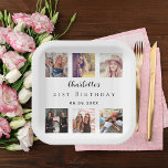 Fotocollage wit verjaardagsfeestje papieren bordje<br><div class="desc">Voor de 21e verjaardag van een vrouw (of elke leeftijd), vieren haar leven met een collage van 6 van uw hoge kwaliteit foto's van haar, haar vrienden, familie, interesse of huisdieren. Personaliseer en voeg haar naam toe, leeftijd 21. Een stijlvolle witte achtergrond. Haar naam is geschreven met een modern handschrift....</div>