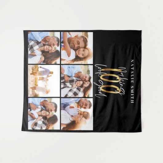 Fotocollage zwart en goud 100ste verjaardag modern wandkleed (Voorkant (horizontaal))