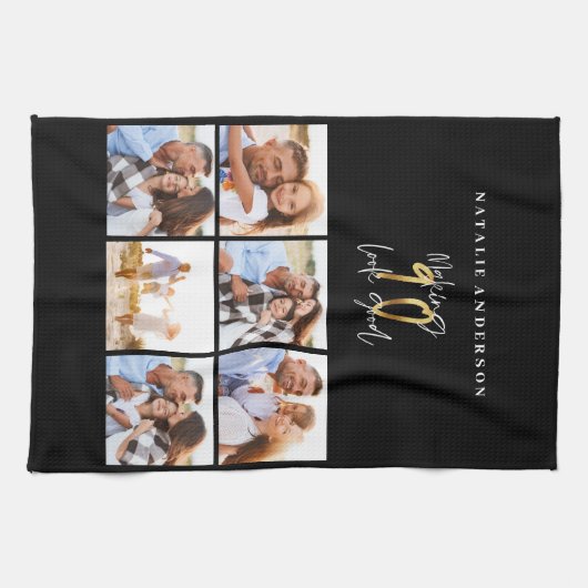 Fotocollage zwart en goud 90ste verjaardag theedoek (Horizontaal)