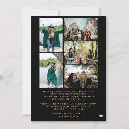 Fotocollage zwart goud klasse van 2025 afstuderen aankondiging (Achterkant)