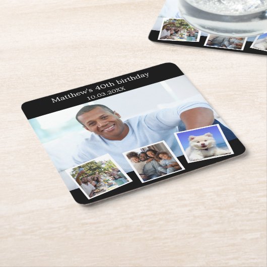 Fotocollage zwart wit verjaardagsfeestje kartonnen onderzetters (Schuin)