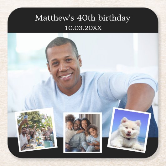 Fotocollage zwart wit verjaardagsfeestje kartonnen onderzetters (Voorkant)