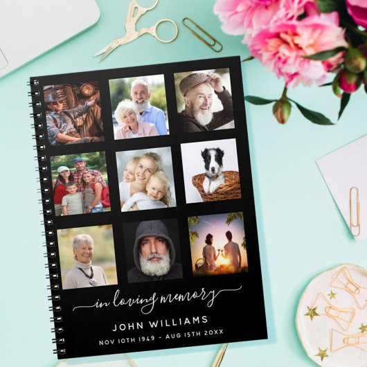 Fotocollage zwarte herdenkingsbegrafenis notitieboek