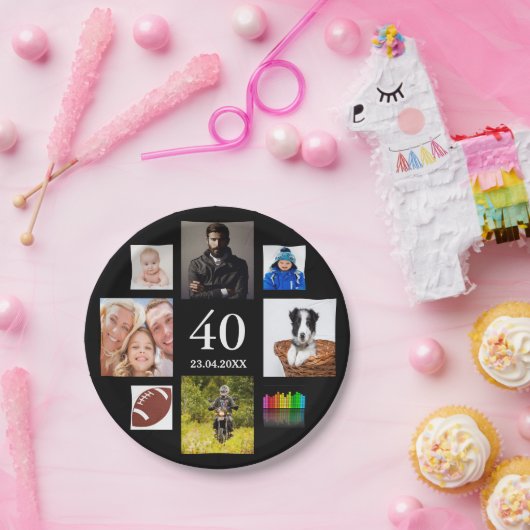 Fotocollage zwarte man man op 40e verjaardag papieren bordje (Feest)