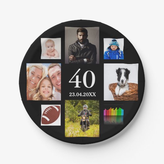 Fotocollage zwarte man man op 40e verjaardag papieren bordje (Voorkant)
