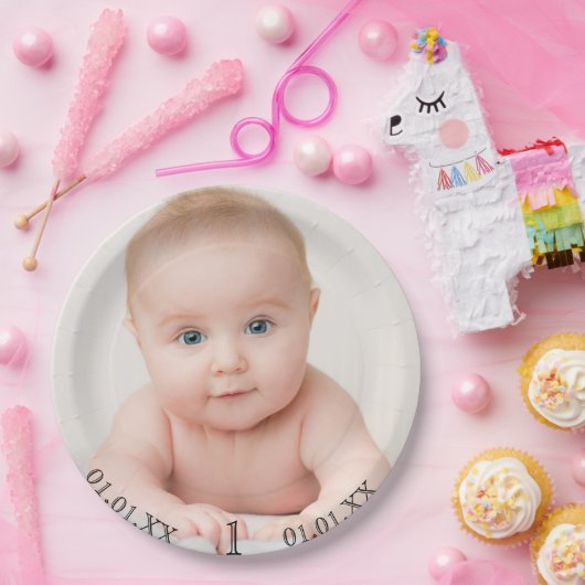 Fotodatum eerste verjaardag baby papieren bordje (Feest)