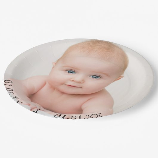 Fotodatum eerste verjaardag baby papieren bordje (Gekanteld)