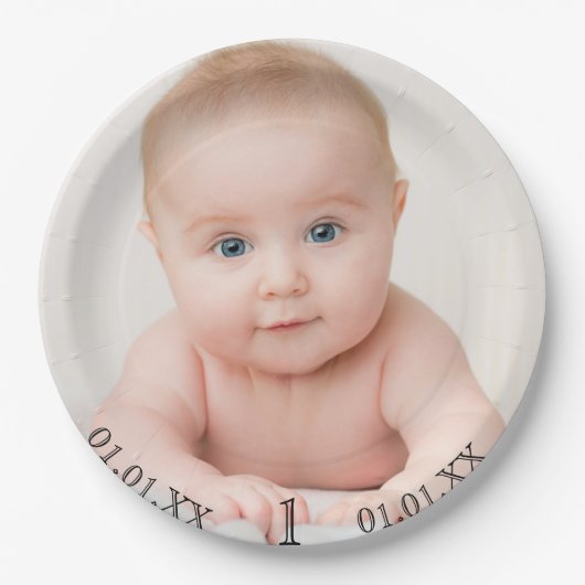Fotodatum eerste verjaardag baby papieren bordje (Voorkant)