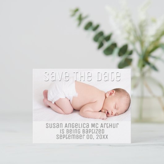Fotodoop save the date baby minimalist aankondigingskaart (Staand voorkant)