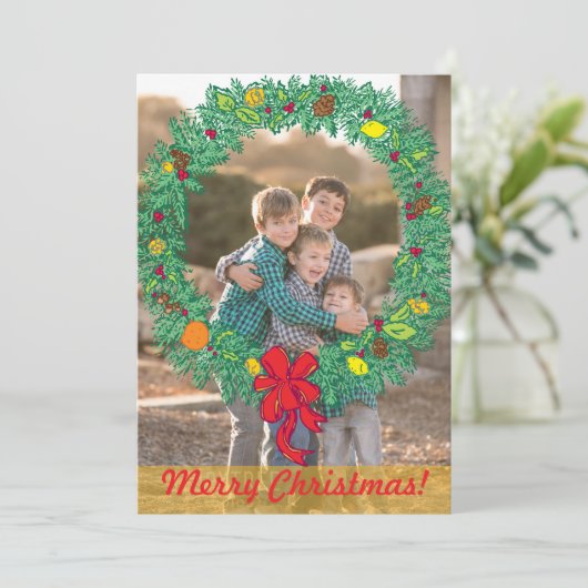 Fotofeestdag: Merry Kerstmis Wreatfoto Feestdagenkaart (Staand voorkant)