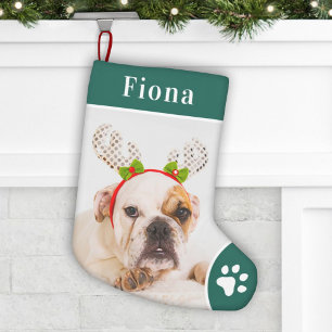 Fotofoto van feestelijke groene foto's van voetzoo kleine kerstsok