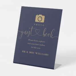 Fotogastenboek Navy Blue en Gold Script Reclamebord Met Voetstuk