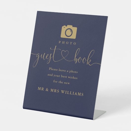 Fotogastenboek Navy Blue en Gold Script Reclamebord Met Voetstuk (Voorkant)