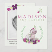 Fotogeboorte van een meisje met een paarse baby me aankondiging (Voorkant / Achterkant)