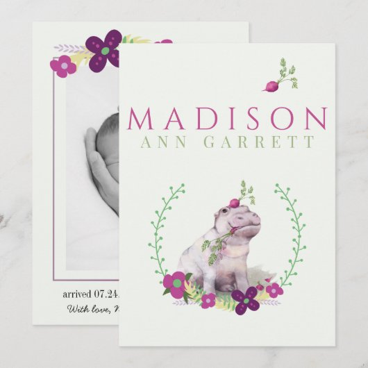 Fotogeboorte van een meisje met een paarse baby me aankondiging (Voorkant / Achterkant)