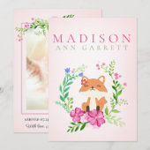 Fotogeboorte van een meisje met roze vos aankondiging (Voorkant / Achterkant)