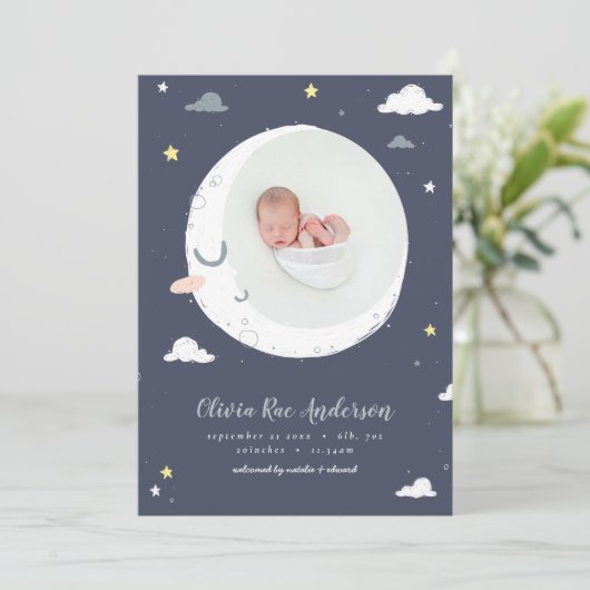 Fotogeboorte van moon, ster en cloud aankondiging (Staand voorkant)