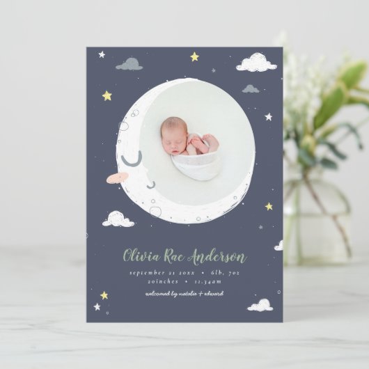 Fotogeboorte van moon, ster en cloud aankondiging (Staand voorkant)